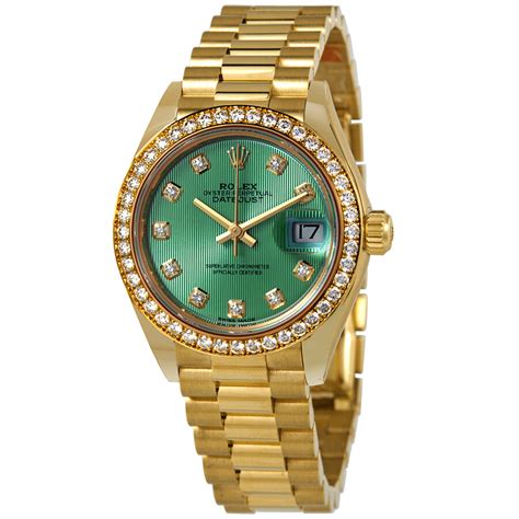 rolex green face gold womens